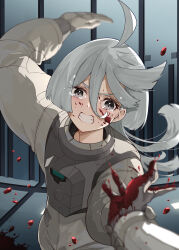 Rule 34 | 2girls, absurdres, ahoge, angry, blood, blood on face, blood on hands, clenched teeth, commentary request, crying, crying with eyes open, grey eyes, gundam, gundam suisei no majo, highres, holding another&#039;s wrist, long hair, miorine rembran, multiple girls, pov, puni (punycolors), slapping, spacesuit, suletta mercury, tears, teeth, upper body, white hair