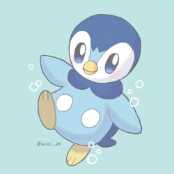 Rule 34 | animal focus, artist name, bird, blue background, blue eyes, blue skin, bright pupils, bubble, colored skin, commentary request, creatures (company), game freak, gen 4 pokemon, highres, iwasi 29, nintendo, no humans, penguin, piplup, pokemon, pokemon (creature), simple background, twitter username
