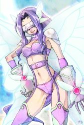 Rule 34 | 1girl, armor, ass, bikini, boots, bra, breasts, cleavage, cross guilty, digimon, digimon (creature), digimon frontier, fairimon, fairy, fairy wings, female focus, garter straps, gloves, groin, hand on own hip, highres, legs apart, lips, long hair, monster girl, navel, panties, purple hair, revealing clothes, shoulder armor, signature, sky, solo, standing, strapless, strapless bikini, swimsuit, thigh boots, thighhighs, underwear, visor, wide hips, wings