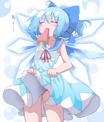 Rule 34 | 1girl, adapted costume, blue bow, blue eyes, bow, cirno, do (4-rt), dress, closed eyes, fang, food, hair bow, highres, ice, ice wings, mouth hold, popsicle, sailor dress, short hair, skirt hold, sleeveless, sleeveless dress, solo, sweat, touhou, wings
