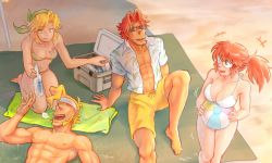 Rule 34 | +++, 2boys, 2girls, ball, bandana, barefoot, beach, beach towel, beachball, bikini, blonde hair, bottle, breast tattoo, breasts, brown eyes, brown hair, can, cleavage, closed eyes, closed mouth, commentary, cooler, day, drink can, fio germi, glasses, green bandana, green bikini, hair tie, headband, highres, holding, holding ball, holding bottle, kasamoto eri, kneeling, large breasts, looking at another, looking back, marco rossi, medium breasts, medium hair, messy hair, metal slug, motion lines, multiple boys, multiple girls, navel, open clothes, open mouth, open shirt, outdoors, ponytail, round eyewear, sasisage, shade, short hair, sitting, smile, soda can, standing, sunglasses, swimsuit, tarma roving, tattoo, topless male, towel, white bikini, white headband, yellow eyes