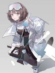 Rule 34 | 1girl, airbrush, animal ears, apron, arknights, blouse, blue nails, brown eyes, brown hair, coat, collarbone, from above, full body, goggles, goggles on head, hair between eyes, hand up, highres, holding, holding brush, layered sleeves, light blush, looking at viewer, makeup brush, medium hair, nail polish, otter ears, otter girl, otter tail, oversized clothes, parted lips, roberta (arknights), shirt, sleepless (wrysmile), sleeves past wrists, solo, tail, white coat, white footwear, white shirt, zipper, zipper pull tab