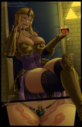 Rule 34 | 1boy, 1girl, armor, bdsm, between breasts, blonde hair, blue eyes, blush, bondage, boots, bound, bracer, braid, breastplate, breasts, brick wall, bursting breasts, chain, cleavage, corset, crossed legs, crown, cup, deep cleavage, dim lighting, drinking glass, earrings, giant, giantess, glass, hand up, hat, highres, human necklace, hyrule warriors, indoors, jewelry, jora-bora, knee boots, large breasts, legs, link, lipstick, lipstick mark, lipstick mark on breast, long hair, makeup, armored boots, necklace, nintendo, pelvic curtain, person between breasts, pointy ears, princess zelda, prisoner, showgirl skirt, sitting, skirt, smile, smirk, smug, sweat, the legend of zelda, thick thighs, thighhighs, thighs, throne, triforce, wine glass