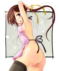 Rule 34 | 1girl, adjusting hair, anus, apron, armpits, arms up, ass, blush, breasts, brown hair, censored, hair ornament, hairclip, naked apron, original, pussy, pussy juice, sideboob, solo, te28, thighhighs