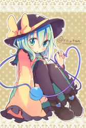 Rule 34 | 1girl, black thighhighs, bow, green eyes, green hair, hat, hat bow, heart, heart of string, komeiji koishi, matching hair/eyes, oversized clothes, sash, sitting, solo, thigh strap, thighhighs, touhou, wide sleeves, yatani row