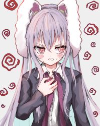 Rule 34 | 1girl, @ @, absurdres, animal ears, blazer, blush, collared shirt, ears down, embarrassed, hair ornament, hair tie, hand on own chest, highres, jacket, kayon (touzoku), long hair, looking down, necktie, open mouth, purple hair, rabbit ears, red eyes, reisen udongein inaba, shirt, solo, spiral, sweat, touhou, undone necktie, very long hair
