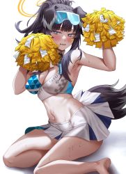 Rule 34 | 1girl, absurdres, animal ears, armpits, bare shoulders, black hair, blue archive, blue eyes, blush, breasts, cheerleader, cleavage, crop top, dog ears, dog girl, dog tail, eyewear on head, fang, goggles, goggles on head, halo, hibiki (blue archive), hibiki (cheer squad) (blue archive), highres, long hair, looking at viewer, midriff, millennium cheerleader outfit (blue archive), navel, nompang, pom pom (cheerleading), skin fang, skirt, solo, sweat, tail, thighs, white background
