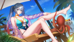Rule 34 | 1girl, absurdres, bare legs, barefoot, beach chair, blue one-piece swimsuit, blue sky, bottle, breasts, chinese commentary, choker, closed mouth, commentary request, day, dutch angle, feet, food, foot out of frame, fruit, girls&#039; frontline, girls&#039; frontline neural cloud, gradient hair, green eyes, hair between eyes, hand on own leg, highleg, highleg swimsuit, highres, hong bai, jacket, large breasts, long hair, long sleeves, looking at viewer, lwmmg (girls&#039; frontline), multicolored hair, octopus, one-piece swimsuit, open clothes, open jacket, orange choker, outdoors, palm tree, red hair, see-through, see-through jacket, silver hair, sitting, sky, solo, swimsuit, swimsuit cover-up, tree, twintails