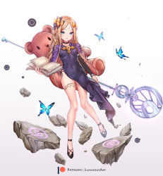 Rule 34 | 1girl, abigail williams (fate), bandaid, bandaid on face, bandaid on forehead, black bow, black footwear, blonde hair, blue eyes, blush, book, bow, breasts, bug, butterfly, choker, cosplay, covered navel, crossed bandaids, dress, fate/grand order, fate/stay night, fate (series), forehead, full body, gradient background, hair bow, holding, holding book, insect, jewelry, legs, long hair, long sleeves, looking at viewer, luminous, medea (fate), medea (fate) (cosplay), multiple bows, necklace, open book, orange bow, parted bangs, polka dot, polka dot bow, purple dress, rock, small breasts, solo, staff, stuffed animal, stuffed toy, teddy bear