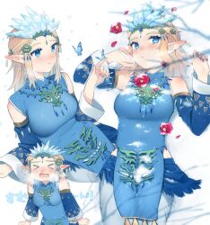 Rule 34 | &gt;o&lt;, 1girl, absurdres, animal, bare shoulders, blonde hair, blue dress, blue nails, blue sleeves, blush, breasts, bug, butterfly, cold, detached sleeves, dress, flower, genderswap, genderswap (mtf), highres, insect, large breasts, link, long hair, looking at viewer, lying, nail polish, nintendo, on back, open mouth, pointy ears, red flower, smile, snow, the legend of zelda, the legend of zelda: tears of the kingdom, ttanuu.