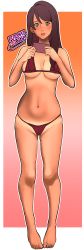 Rule 34 | 1girl, absurdres, artist name, barefoot, belly, bikini, blush, border, breasts, breasts apart, brown hair, cellphone, devilman, devilman crybaby, embarrassed, eyebrows, futoshi slim, green eyes, highres, kuroda miki, long hair, looking at viewer, micro bikini, navel, open mouth, outline, outside border, phone, red bikini, smartphone, solo, standing, stomach, sweat, swimsuit, tan, tanline, underboob, white border