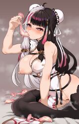 Rule 34 | 1girl, absurdres, ahoge, animal print, arm up, bar censor, bell, between legs, black hair, black thighhighs, blush, breasts, bun cover, censored, chest strap, china dress, chinese clothes, cleavage, clothing cutout, condom, condom in mouth, covered navel, covered nipples, cross-laced slit, double bun, dress, eyeshadow, fingernails, floral print dress, grey hair, hair bell, hair bun, hair flaps, hair ornament, hair ribbon, hand between legs, highres, jingle bell, jun tsugumi, lace, lace-trimmed thighhighs, large breasts, lips, long hair, looking at viewer, makeup, mouth hold, multicolored hair, multicolored ribbon, multiple condoms, nijisanji, nipples, on bed, one breast out, pelvic curtain, pink eyeshadow, print dress, pussy, rabbit print, red eyes, ribbon, simple background, skindentation, solo, split-color hair, streaked hair, sweat, tassel, tassel hair ornament, thick thighs, thighhighs, thighs, two-tone hair, used condom, virtual youtuber, white dress, yorumi rena, yorumi rena (10th costume)