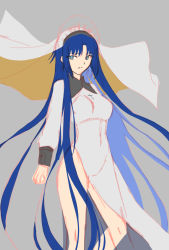 Rule 34 | 1girl, axia-chan, blue eyes, blue hair, ciel (tsukihime), cross, grey background, long hair, looking to the side, sketch, solo, thighs, tsukihime, veil, very long hair