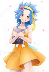 Rule 34 | 1girl, absurdres, akaisu, artist name, bare arms, bare shoulders, blue hair, book, breasts, brown eyes, collarbone, commentary, cowboy shot, dress, earrings, fairy tail, falling petals, flower, grin, hair flower, hair ornament, hairband, hands up, head tilt, highres, holding, holding book, jewelry, levy mcgarden, long hair, looking at viewer, hugging object, orange dress, petals, simple background, sleeveless, sleeveless dress, smile, solo, watermark, web address, white background, yellow hairband
