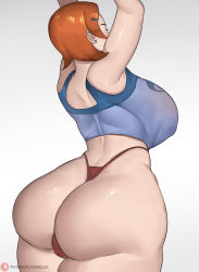 Rule 34 | 1girl, alternate breast size, arms up, artist name, ass, ben 10, bob (bobtheneet), breasts, curvy, earrings, female focus, gwen tennyson, hair ornament, hairpin, highleg, highleg panties, highres, huge ass, huge breasts, jewelry, no bra, orange hair, panties, puffy areolae, shiny skin, shirt, short hair, sideboob, simple background, solo, standing, stud earrings, t-shirt, thick thighs, thighs, thong, underwear, upper body, white background