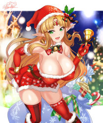 Rule 34 | 1girl, bell, blonde hair, blue eyes, box, breasts, candy, candy cane, christmas, christmas tree, cleavage, elf, food, gift, gift box, gloves, grin, hand on own hip, hat, highres, long hair, looking at viewer, nez-box, night, nintendo, open mouth, pointy ears, princess zelda, sack, santa costume, santa hat, sidelocks, smile, snow, solo, the legend of zelda, the legend of zelda: a link between worlds, the legend of zelda: a link to the past, thighhighs, thighs, tiara
