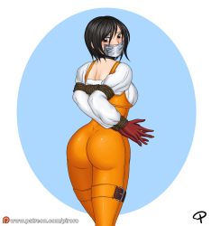 Rule 34 | 1girl, arms behind back, artist name, ass, bdsm, black collar, black hair, blue background, blush, bodysuit, bondage, bound, breasts, brown eyes, brown rope, collar, female focus, final fantasy, final fantasy ix, gag, gagged, garnet til alexandros xvii, gloves, huge ass, improvised gag, large breasts, piroro, red gloves, rope, shiny clothes, shiny skin, short hair, solo, square enix, standing, tape, tape gag, thick thighs, thigh strap, thighs, watermark, web address, white background, yellow bodysuit