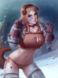 Rule 34 | 1girl, adeptus astartes, animal ears, armor, armored boots, bell, bikini armor, blue eyes, boots, bra, braid, breasts, brown bra, brown gloves, brown hair, brown panties, claws, cleavage, cleavage cutout, clothing cutout, commentary, dog ears, dog tail, english commentary, facial tattoo, fake animal ears, fake tail, frilled bra, frills, gloves, headband, highres, large breasts, lingerie, lips, long hair, looking at viewer, navel, neck bell, outdoors, panties, pauldrons, realistic, shoulder armor, smile, snow, snowing, solo, space marine, space wolves, stomach, tail, tattoo, themaestronoob, thigh boots, underwear, warhammer 40k