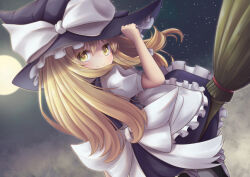 Rule 34 | 1girl, absurdres, apron, black skirt, blonde hair, bow, braid, broom, broom riding, closed mouth, cloud, commentary request, full moon, hair bow, hand on headwear, hat, hat bow, highres, kirisame marisa, light blush, long hair, looking at viewer, messiah &amp; crea, moon, night, night sky, short sleeves, side braid, single braid, skirt, sky, smile, solo, star (sky), touhou, waist apron, white bow, witch hat, yellow eyes