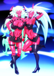 Rule 34 | 10s, 2girls, aqua hair, arm behind head, arm up, bare shoulders, black footwear, boots, breasts, chiba toshirou, cleavage, colored skin, demon girl, female focus, full body, glasses, green hair, hand on own hip, high heel boots, high heels, horns, huge breasts, kneesocks (psg), large breasts, legs, long hair, midriff, multiple girls, navel, panty &amp; stocking with garterbelt, red skin, scanty (psg), shoes, siblings, sisters, smile, standing, standing on one leg, thighhighs, very long hair