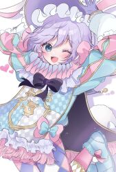 Rule 34 | 1boy, alternate costume, amimia zaxtuta, black bow, blue bow, blue eyes, blue footwear, blue shirt, blush, bow, checkered clothes, checkered shirt, epel felmier, gloves, hat, highres, light purple hair, looking at viewer, male focus, multicolored bow, multicolored shirt, one eye closed, open mouth, pink bow, pink shirt, purple gloves, purple hat, shirt, smile, solo, twisted wonderland, white shirt