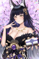 Rule 34 | 1girl, absurdres, animal ear fluff, animal ears, azur lane, bare shoulders, beads, black hair, box, breasts, cleavage, collarbone, facial mark, falling petals, fox ears, fox girl, gem, gift, gift box, hair ornament, highres, holding, holding gift, jewelry, kitsune, large breasts, long hair, long sleeves, looking at viewer, low neckline, magatama, magatama necklace, musashi (azur lane), nail polish, necklace, petals, prayer beads, purple gemstone, sethia sgs, solo, upper body, valentine, very long hair, whisker markings, wide sleeves, yellow eyes