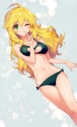 Rule 34 | 1girl, ;), ahoge, ainy, artist name, bad id, bad pixiv id, bare arms, bare shoulders, bikini, blonde hair, blush, breasts, cleavage, cleavage cutout, clothing cutout, commentary request, feet out of frame, finger to mouth, green bikini, green eyes, grey background, hair between eyes, hand up, heart cutout, highres, hoshii miki, idolmaster, idolmaster (classic), long hair, looking at viewer, navel, one eye closed, smile, solo, stomach, swimsuit, thighs, twitter username