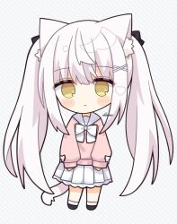 Rule 34 | 1girl, :&lt;, animal ear fluff, animal ears, black bow, black footwear, blush stickers, bow, cat ears, cat tail, chibi, closed mouth, commentary request, diagonal stripes, full body, grey background, hair between eyes, hair bow, highres, long hair, long sleeves, looking at viewer, nakkar, original, pink sweater, pleated skirt, puffy long sleeves, puffy sleeves, sailor collar, school uniform, serafuku, shoes, signature, skirt, sleeves past wrists, socks, solo, standing, striped, striped background, sweater, tail, twintails, very long hair, white bow, white hair, white sailor collar, white skirt, white socks, yellow eyes