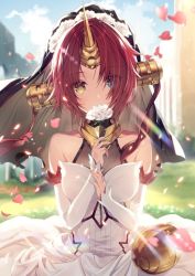 Rule 34 | 1girl, bare shoulders, blue eyes, cleavage, cloud, collarbone, day, detached sleeves, dress, fate/apocrypha, fate (series), flower, frankenstein&#039;s monster (fate), hair ornament, heterochromia, necomi, petals, red hair, rose, see-through, see-through cleavage, sky, solo, veil, white flower, white rose, yellow eyes