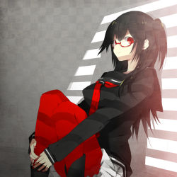 Rule 34 | 1girl, against wall, black hair, checkered background, female focus, glasses, hugging own legs, light smile, long hair, mami (apsaras), nail polish, original, red-framed eyewear, red eyes, red nails, red thighhighs, school uniform, serafuku, shadow, short twintails, sitting, skirt, solo, thighhighs, twintails, two side up