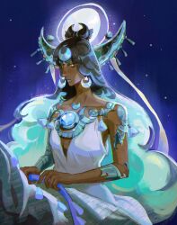 Rule 34 | 1girl, bad link, black helm, breasts, cleavage, crescent, crescent earrings, crescent hat ornament, dark-skinned female, dark skin, dress, earrings, full moon, hades (series), hades 2, hat ornament, highres, jenishiiarts, jewelry, long hair, looking at viewer, moon, parted lips, ribbon, selene (hades), sky, solo, star (sky), star (symbol), starry sky, tassel, three quarter view, upper body, white dress, white hair