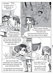Rule 34 | 10s, admiral (kancolle), color guide, comic, couch, english text, closed eyes, glasses, greyscale, hair tie, hat, highres, kantai collection, magatama, military, military hat, military uniform, monochrome, open mouth, plant, ryuujou (kancolle), sitting, sixten, smile, suspenders, twintails, uniform, vase, visor cap