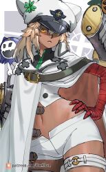 Rule 34 | 1boy, 1girl, bandages, belt, blonde hair, cape, clover, dark-skinned female, dark skin, four-leaf clover, guilty gear, guilty gear strive, hand on own hip, hat, hat over one eye, highres, jack frost (megami tensei), long hair, looking at viewer, midriff, military hat, navel, orange eyes, patreon username, poechan chan, ramlethal valentine, shaded face, shin megami tensei, short shorts, shorts, stomach, thigh strap, thighs, white cape