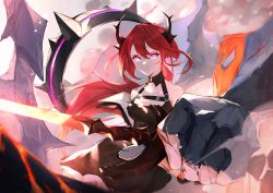 Rule 34 | 1girl, absurdres, arknights, bare shoulders, collar, demon, demon girl, demon horns, dress, floating hair, highres, holding, holding weapon, horns, huge filesize, jacket, looking at viewer, lava, purple eyes, red hair, spiked collar, spikes, surtr (arknights), sword, unchiganiowanai, weapon