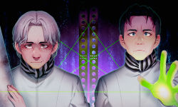 Rule 34 | 2boys, aqua eyes, bags under eyes, black hair, coat, commentary request, digital dissolve, dual persona, fingernails, forehead, hirasawa susumu, holding, kiri futoshi, laser, light frown, male focus, multicolored eyes, multiple boys, old, old man, outstretched arm, outstretched hand, parted bangs, real life, red eyes, sanpaku, scarf, signature, smirk, steel beam, striped clothes, striped scarf, upper body, white coat, white hair, wig, wrinkled skin, zipper