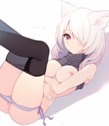 Rule 34 | 1girl, animal ear fluff, animal ears, arms under breasts, ass, bare arms, black pantyhose, blush, breasts, breasts out, cat ears, cat girl, closed mouth, clothes lift, clothes pull, covering stomach, dated, eyelashes, feet out of frame, fingernails, grey sweater, hair over one eye, legs together, legs up, long hair, looking at viewer, lying, medium breasts, nipples, no bra, on back, original, p (p25234112), panties, panty pull, pantyhose, pantyhose pull, parted bangs, pussy, pussy peek, red eyes, ribbed sweater, ribbon panties, simple background, sleeveless, sleeveless turtleneck, solo, sweater, sweater lift, translation request, tsurime, turtleneck, turtleneck sweater, uncensored, underwear, white background, white hair, white panties