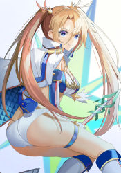 Rule 34 | 1girl, ass, bikini, blonde hair, blue eyes, blush, bradamante (fate), bradamante (third ascension) (fate), braid, breasts, butt crack, crown braid, elbow gloves, energy barrier, energy shield, fate/grand order, fate (series), gloves, hair between eyes, highres, large breasts, long hair, looking at viewer, smile, solo, swimsuit, thigh strap, thighs, tsukise miwa, twintails, two-tone bikini, very long hair