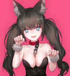 Rule 34 | 1girl, animal ear fluff, animal ears, bare shoulders, between breasts, black dress, blue eyes, breasts, brown hair, chain, chain between breasts, character request, choker, cleavage, collarbone, dress, long hair, looking at viewer, medium breasts, open mouth, paw pose, pink background, qidai, red choker, smile, solo, teeth, twintails, upper body, upper teeth only