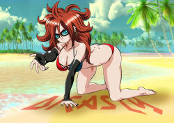 Rule 34 | 1girl, android 21, ass, beach, bikini, blue eyes, breasts, butt crack, cleavage, dicasty, dimples of venus, dragon ball, dragon ball fighterz, glasses, highres, long hair, mature female, medium breasts, panties, red bikini, red panties, swimsuit, underwear