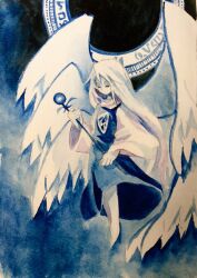 Rule 34 | 1girl, blue dress, blue theme, colored skin, commentary request, dress, feathered wings, flat chest, holding, holding staff, kaigen 1025, long hair, long sleeves, multiple wings, no mouth, painting (medium), sariel (touhou), shirt, solo, staff, touhou, touhou (pc-98), traditional media, watercolor (medium), white hair, white shirt, white skin, white wings, wings