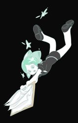 Rule 34 | absurdres, androgynous, black background, clipboard, crystal hair, falling, gender request, green eyes, green hair, highres, houseki no kuni, kaiba, other focus, parody, phosphophyllite, short hair, shorts, simple background, solo, style parody, uniform