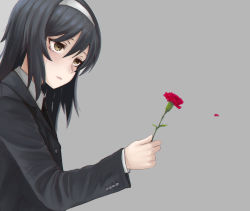 Rule 34 | 10s, 1girl, black hair, black jacket, black necktie, blurry, blurry background, brown eyes, carnation, commentary, crying, crying with eyes open, dress shirt, flower, formal, from side, frown, girls und panzer, grey background, hairband, highres, holding, holding flower, jacket, long hair, mourning, necktie, petals, reizei mako, sad, shirt, solo, standing, tacch, tears, upper body, white hairband, white shirt, wind