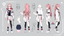 Rule 34 | 1girl, ankle boots, arms at sides, artist request, asymmetrical legwear, blue eyes, boots, chain, character name, character sheet, closed mouth, full body, garter straps, hair between eyes, highres, indie virtual youtuber, jacket, kagayaki mareka, kneehighs, long hair, long sleeves, looking at viewer, multiple views, open clothes, open jacket, pink hair, pink skirt, ponytail, single kneehigh, single sock, single thighhigh, skirt, smile, socks, standing, thighhighs, turnaround, uneven legwear, virtual youtuber, white footwear, white jacket