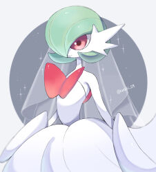 Rule 34 | artist name, closed mouth, colored skin, commentary request, creatures (company), game freak, gardevoir, gen 3 pokemon, green hair, grey background, highres, iwasi 29, mega gardevoir, mega pokemon, nintendo, pokemon, pokemon (creature), red eyes, smile, sparkle, twitter username, two-tone background, veil, white background, white skin