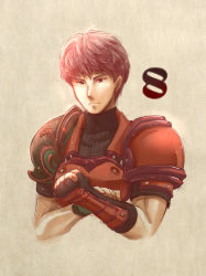 Rule 34 | 1boy, armor, brown background, countdown, fingerless gloves, fire emblem, fire emblem echoes: shadows of valentia, gloves, lukas (fire emblem), male focus, nintendo, portrait, red armor, red eyes, red hair, solo, towa (towa no jiyuuchou)