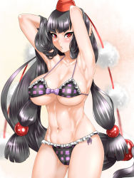 Rule 34 | 1girl, bikini, black hair, breasts, covered erect nipples, female focus, gradient background, hat, highres, kuranosuke, large breasts, long hair, red eyes, shameimaru aya, solo, standing, strap gap, swimsuit, tengu, tokin hat, touhou, very long hair