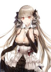 Rule 34 | 1girl, artist name, azur lane, bare shoulders, between breasts, breasts, cleavage, closed mouth, clothes lift, collarbone, detached sleeves, dress, dress lift, formidable (azur lane), frilled dress, frills, hair ribbon, hand up, index finger raised, kim eb, large breasts, long hair, long sleeves, looking at viewer, red eyes, ribbon, silver hair, simple background, solo, twintails, twitter username, upper body, very long hair, white background, white dress