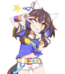 Rule 34 | 1girl, animal ears, bead bracelet, beads, belt, blue hair, blue shirt, bracelet, breasts, brown hair, clothing cutout, colored inner hair, cowboy shot, cutoffs, daitaku helios (umamusume), ear covers, grin, hair ornament, hairclip, hand on own hip, head tilt, horse ears, horse girl, horse tail, jewelry, kokko tofu, looking at viewer, multicolored hair, navel, necklace, one eye closed, shirt, short sleeves, shorts, side ponytail, simple background, small breasts, smile, solo, standing, streaked hair, tail, teeth, umamusume, v over eye, white background, white shorts, wristband, yellow eyes