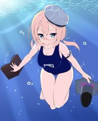 Rule 34 | 10s, 1girl, bare legs, barefoot, blonde hair, book, breasts, bubble, cleavage, collarbone, full body, glasses, hat, highres, i-8 (kancolle), jito (mesuki nitouhei), kantai collection, long hair, looking at viewer, one-piece swimsuit, red-framed eyewear, school swimsuit, semi-rimless eyewear, smile, solo, swimsuit, thigh gap, torpedo, under-rim eyewear, underwear
