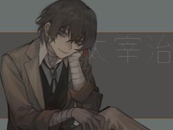 Rule 34 | 1boy, bandaged neck, bandages, black eyes, black hair, bungou stray dogs, character name, collared shirt, dazai osamu (bungou stray dogs), hair between eyes, hand on own cheek, hand on own face, highres, jacket, male focus, migato, pants, shirt, simple background, solo, vest, white shirt
